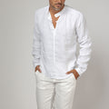 Long Sleeve Linen Shirt With Button Collar in white