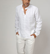Long Sleeve Linen Shirt With Button Collar in white