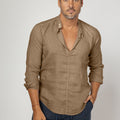 Long Sleeve Linen Shirt With Button Collar in khaki