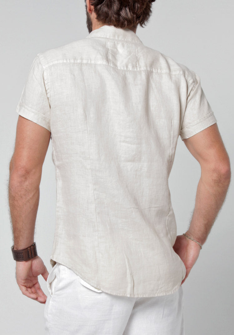 Short Sleeve Button Down Linen Shirt Regular Fit in natural