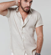 Short Sleeve Button Down Linen Shirt Regular Fit in natural