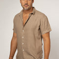 Short Sleeve Button Down Linen Shirt Regular Fit in khaki