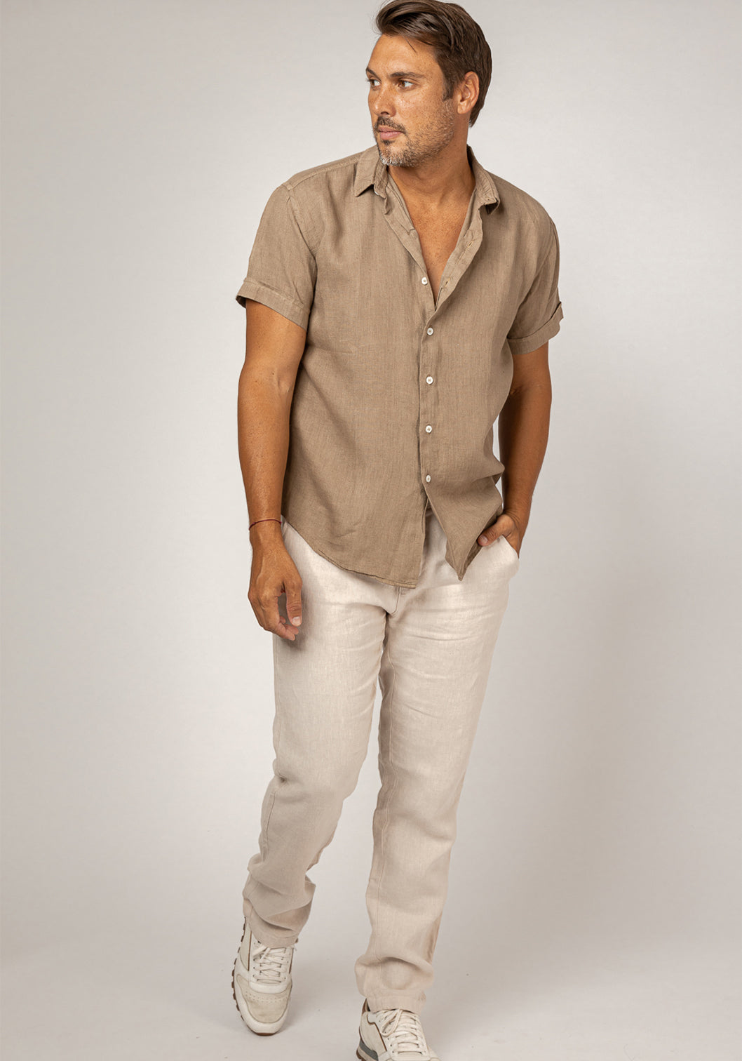 Short Sleeve Button Down Linen Shirt Regular Fit in khaki