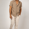 Short Sleeve Button Down Linen Shirt Regular Fit in khaki