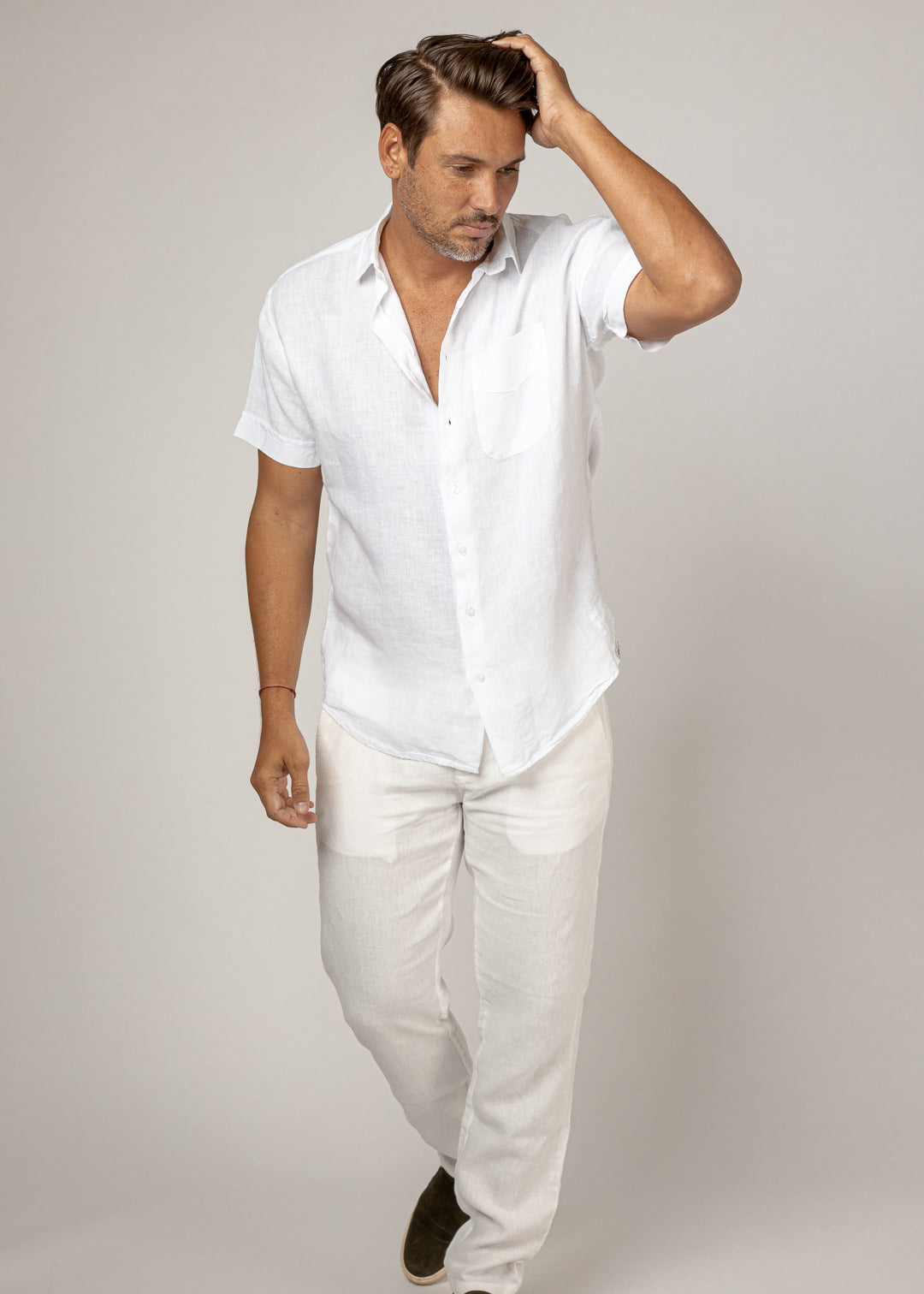 Short Sleeve Button-Down Linen Shirt With Pocket in white 2