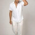Short Sleeve Button-Down Linen Shirt With Pocket in white 2