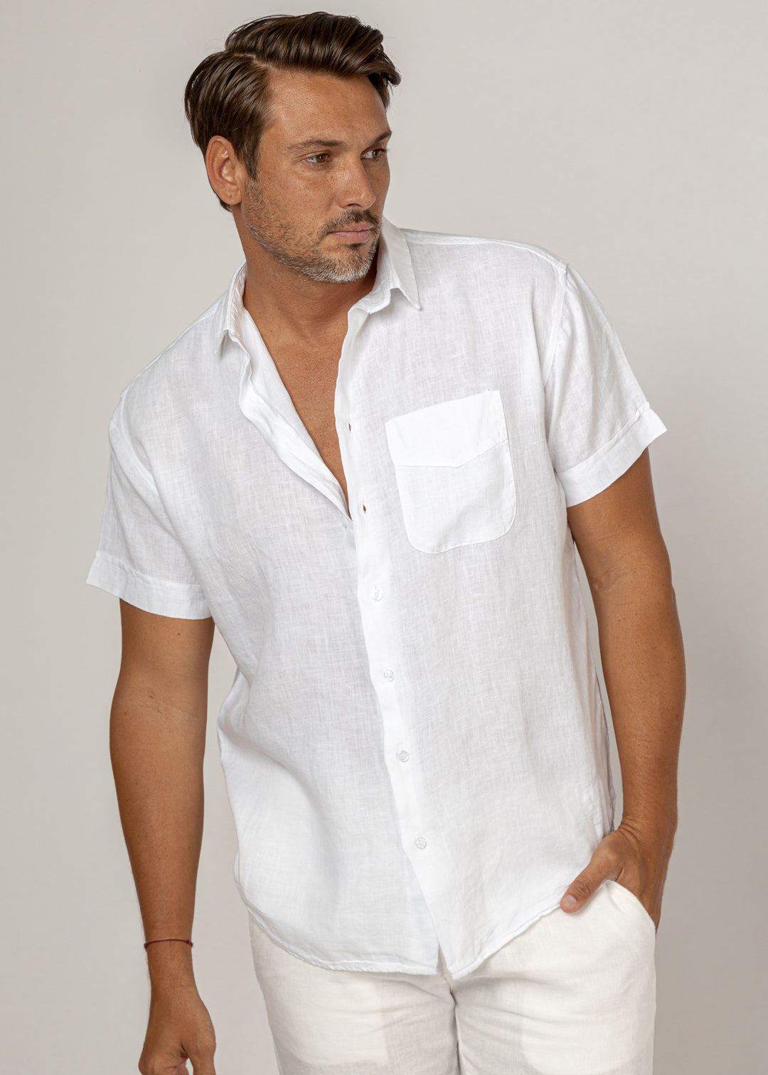 Short Sleeve Button-Down Linen Shirt With Pocket in white