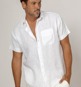 Short Sleeve Button-Down Linen Shirt With Pocket in white