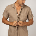 Short Sleeve Button-Down Linen Shirt With Pocket in khaki 3