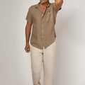 Short Sleeve Button-Down Linen Shirt With Pocket in khaki