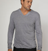 Jersey Linen Fitted Long Sleeve V-Neck T-Shirt in gray