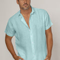 Short Sleeve Button Down Linen Shirt Regular Fit in aqua