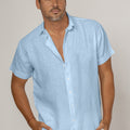 Short Sleeve Button Down Linen Shirt Regular Fit in light blue