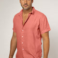 Short Sleeve Button Down Linen Shirt Regular Fit in coral