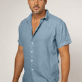 Short Sleeve Button Down Linen Shirt Regular Fit in denim