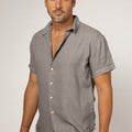 Short Sleeve Button Down Linen Shirt Regular Fit in gray