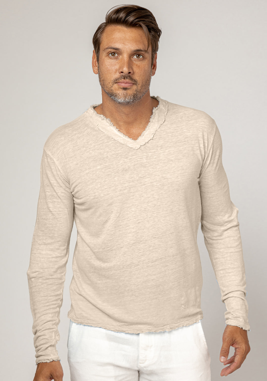 Jersey Linen Fitted Long Sleeve V-Neck T-Shirt in natural
