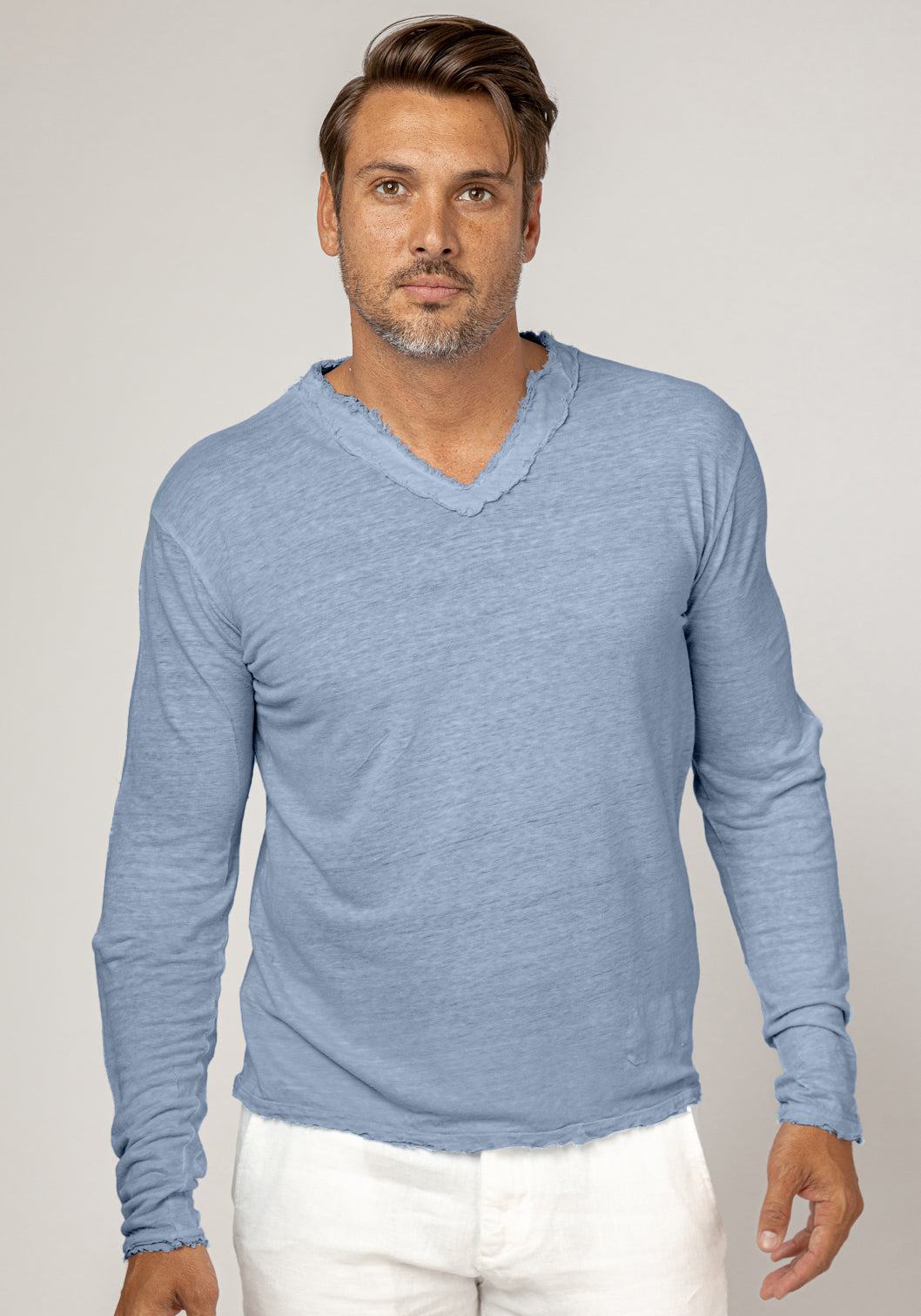 Jersey Linen Fitted Long Sleeve V-Neck T-Shirt in denim blue