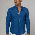 Long Sleeve Linen Mao Collar Shirt in Blue 3