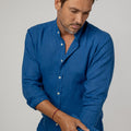 Long Sleeve Linen Mao Collar Shirt in Blue 2