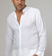 Long Sleeve Linen Mao Collar Shirt in White 2
