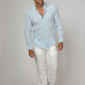 Long Sleeve Linen Mao Collar Shirt in light blue 2