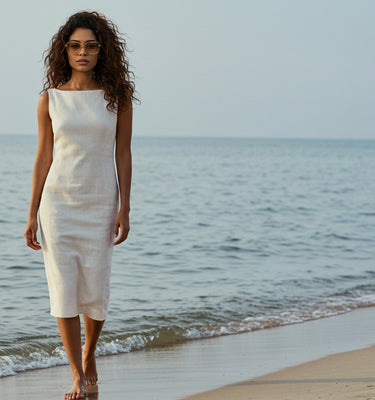 A woman walking barefoot on the shore wearing a white linen body-con dress with a boat-neck neckline.