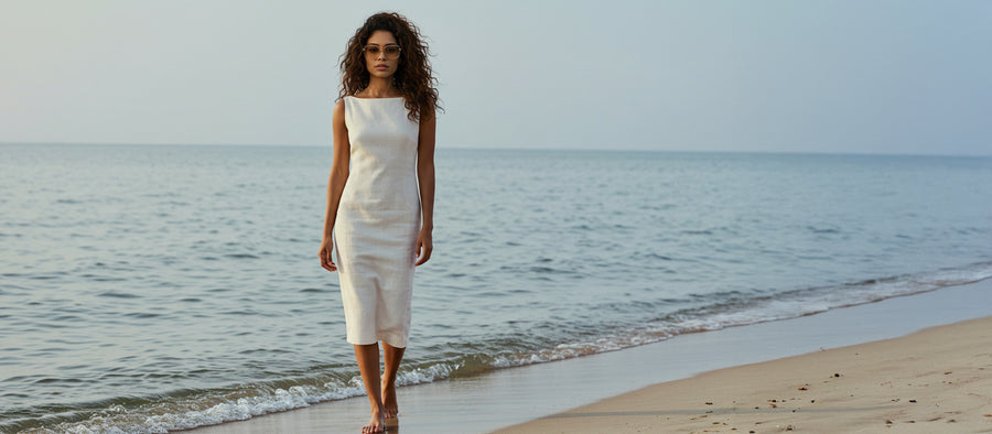 A woman walking barefoot on the shore wearing a white linen body-con dress with a boat-neck neckline.