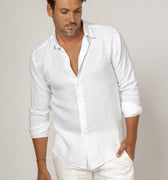 Long Sleeve Button Down Linen Shirt Regular Fit in white