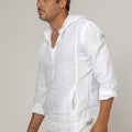 Long Sleeve V-Neck Linen Hoodie Shirt in white