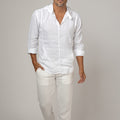Long Sleeve V-Neck Linen Hoodie Shirt in white