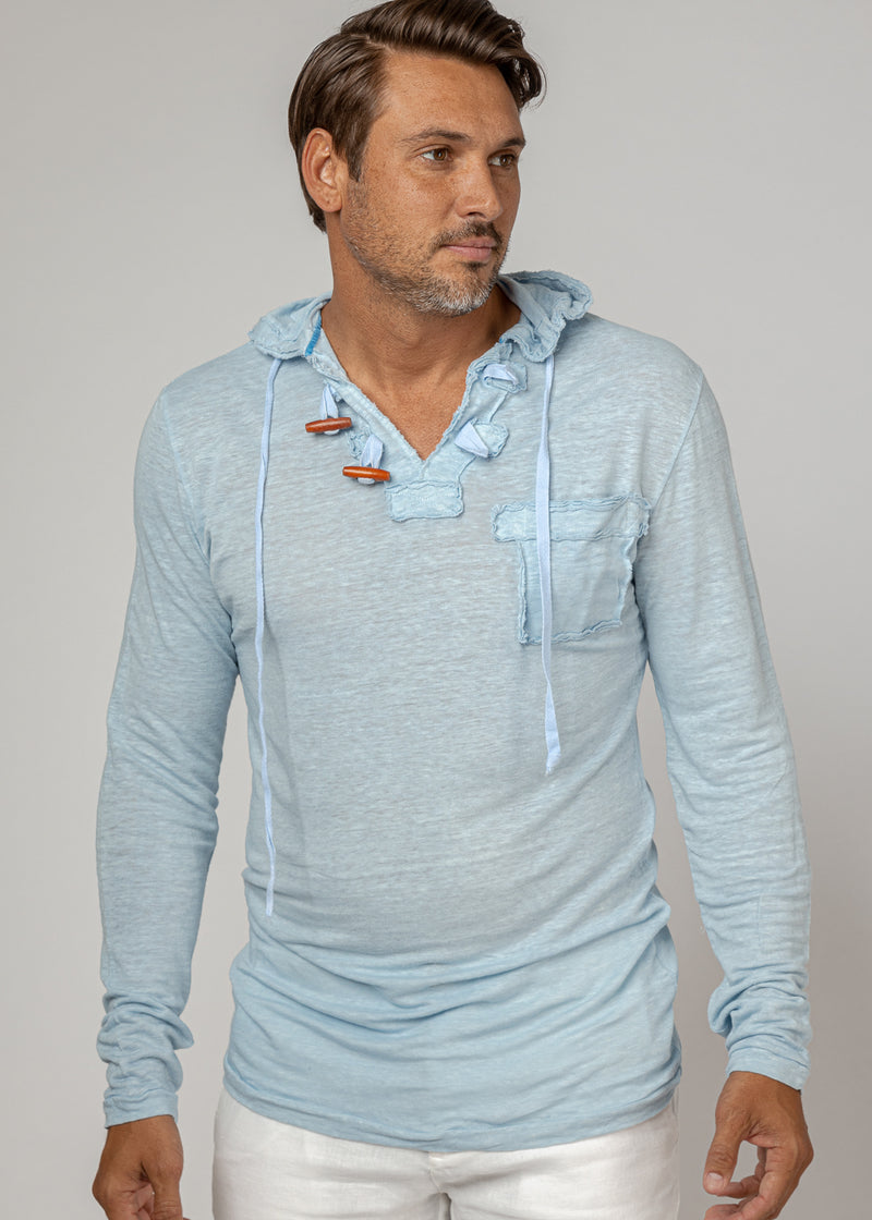 Men's Linen Jersey Long Sleeve Hoodie Shirt | Italian Style with Pocket and Wooden Fasteners, Item #1133