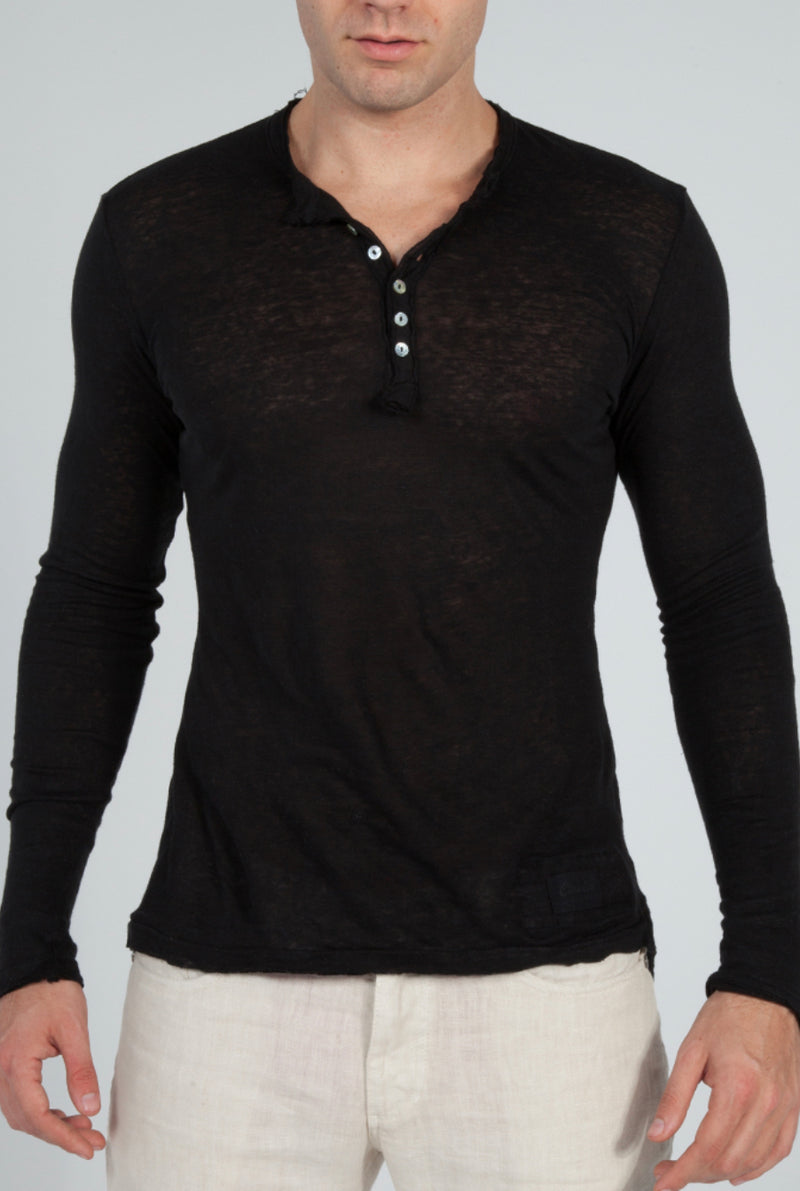 Italian Style Jersey Linen Fitted Long Sleeve Henley Hoodie T-shirt for Men | V Neck, Item #1102