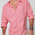 Long Sleeve V-Neck Linen Hoodie Shirt in peach