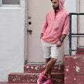 Long Sleeve V-Neck Linen Hoodie Shirt in peach