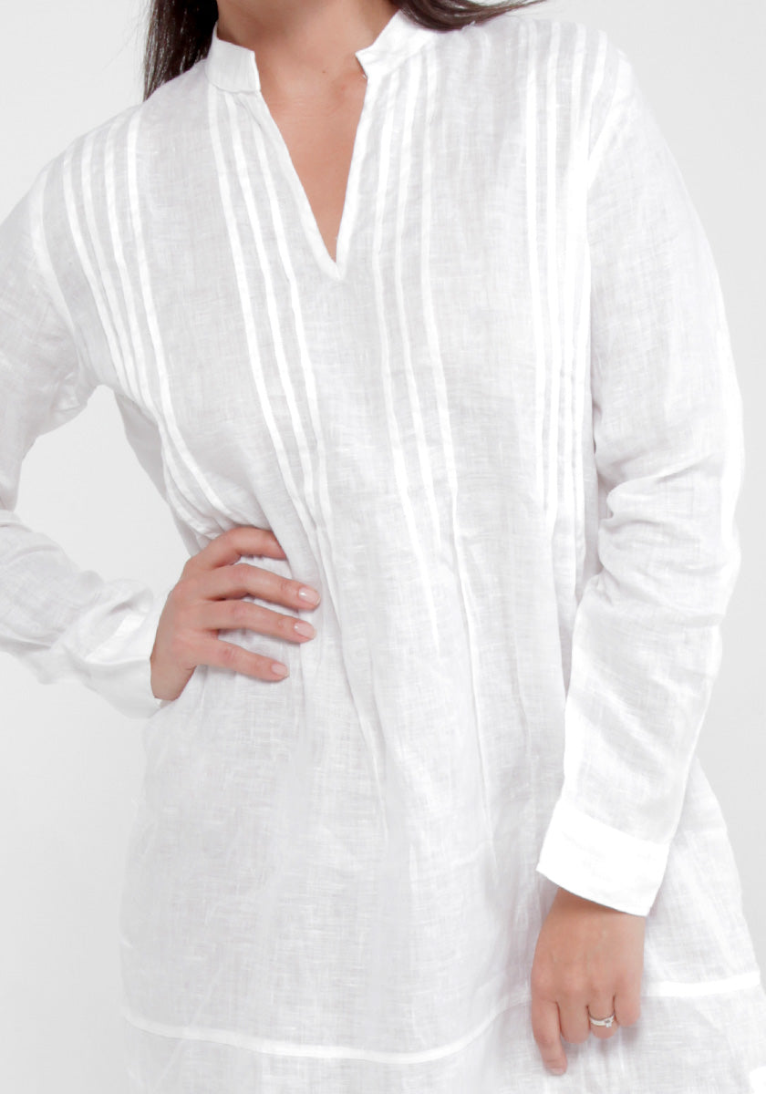 100% Linen Over-sized Shirt Dress With Mandarin Collar & Thin Pleats S to XXXL - Claudio Milano