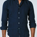 Long Sleeve Button Down Linen Shirt Regular Fit in navy blue