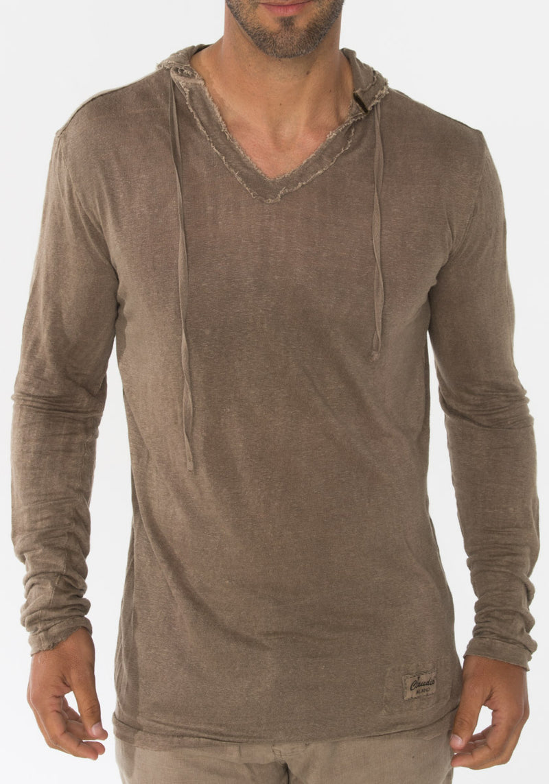 JERSEY LINEN FITTED LONG SLEEVE HOODIE T-SHIRT S to XXXL - Claudio Milano 