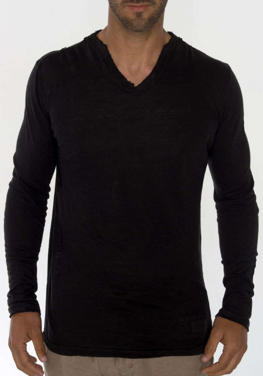 Jersey Linen Fitted Long Sleeve V-Neck T-Shirt in black 3