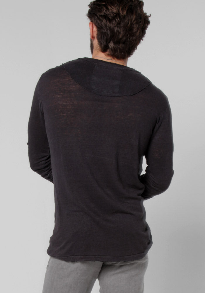 Jersey Linen Fitted Long Sleeve V-Neck T-Shirt in black 2