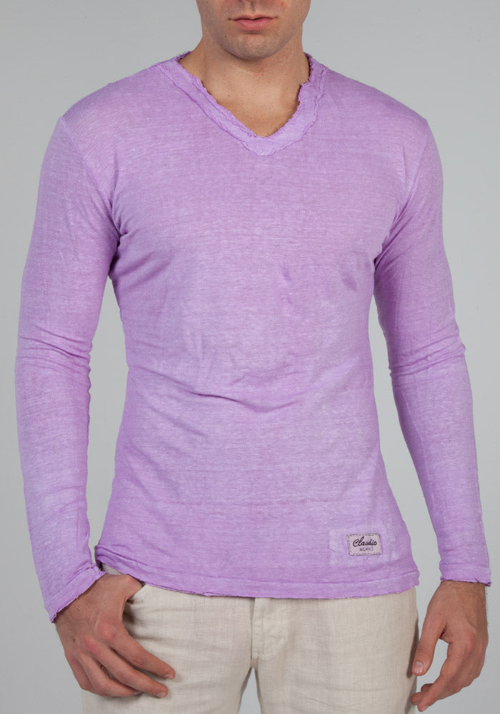 Jersey Linen Fitted Long Sleeve V-Neck T-Shirt in light purple