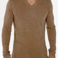 Jersey Linen Fitted Long Sleeve V-Neck T-Shirt in khaki