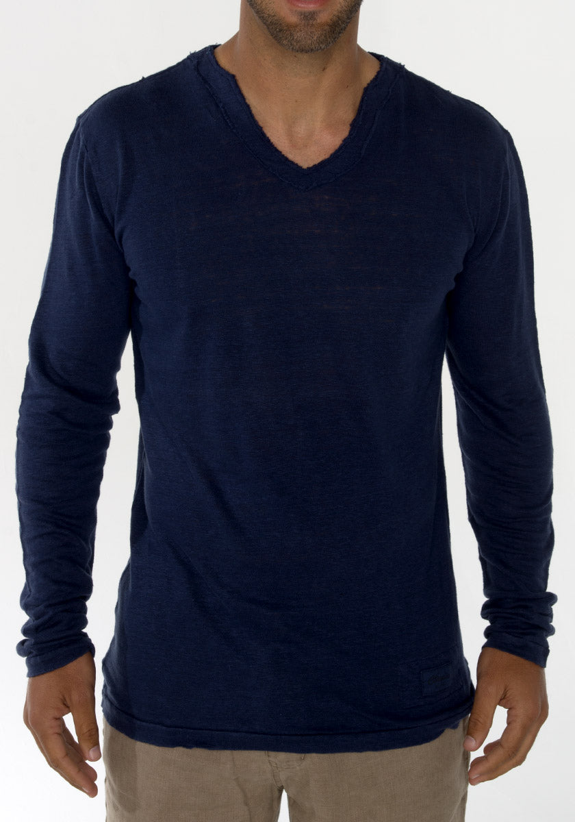 Jersey Linen Fitted Long Sleeve V-Neck T-Shirt in navy blue