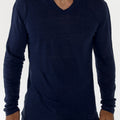 Jersey Linen Fitted Long Sleeve V-Neck T-Shirt in navy blue