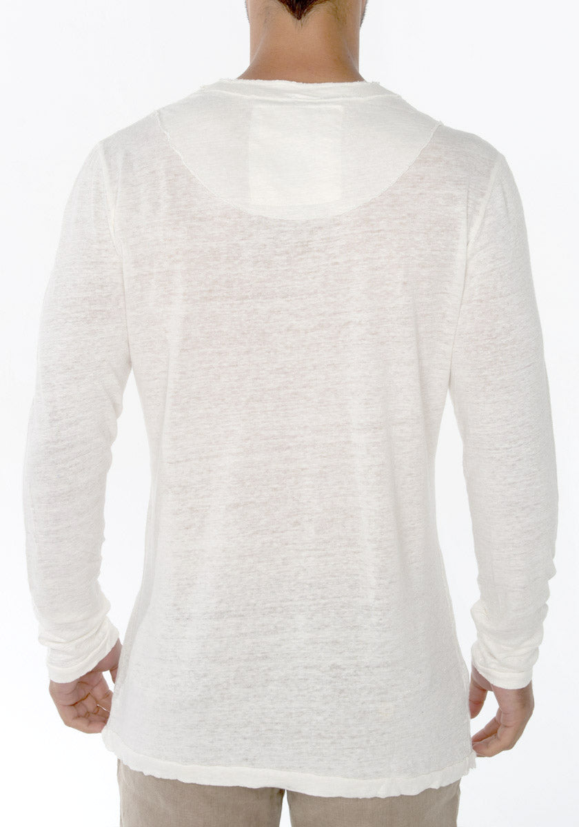 Jersey Linen Fitted Long Sleeve V-Neck T-Shirt in white