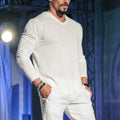 Jersey Linen Fitted Long Sleeve V-Neck T-Shirt in white 4