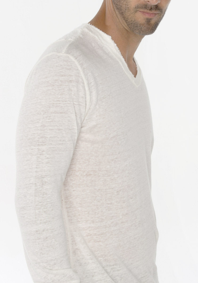 Jersey Linen Fitted Long Sleeve V-Neck T-Shirt in white 3