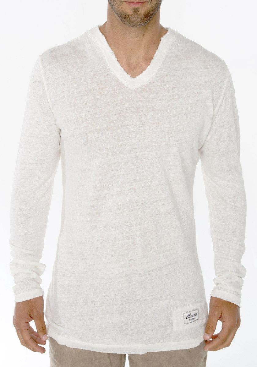 Jersey Linen Fitted Long Sleeve V-Neck T-Shirt in white