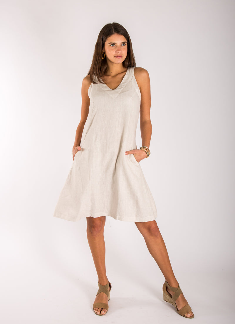 Women's Linen Sleeveless V-Neck Dress with Pockets | 100% Natural Italian Style, Available in Multiple Colors, Item #8308