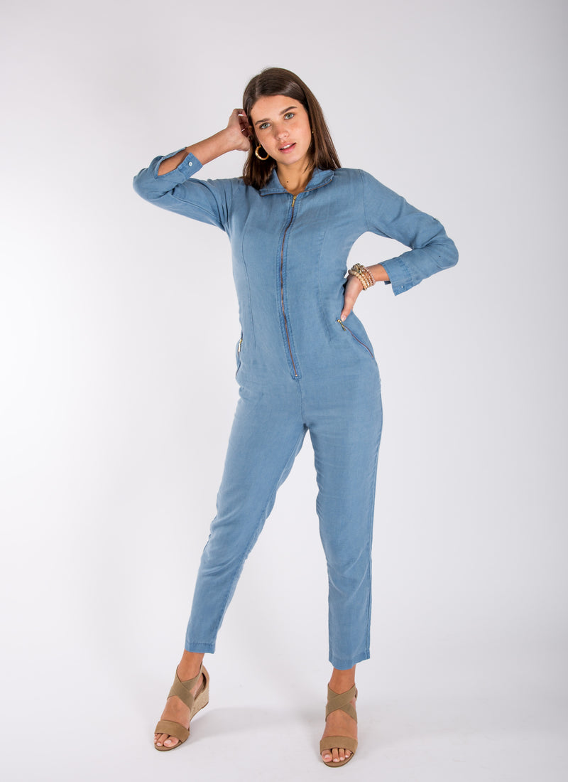 Italian Style Zip-Up Long Fitted Linen Jumpsuit | 100% Natural, Item #8706